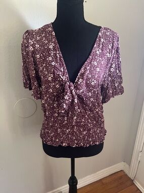 Mason & Belle Women's Floral Tie-Front Top in Plum Size XL NWT
